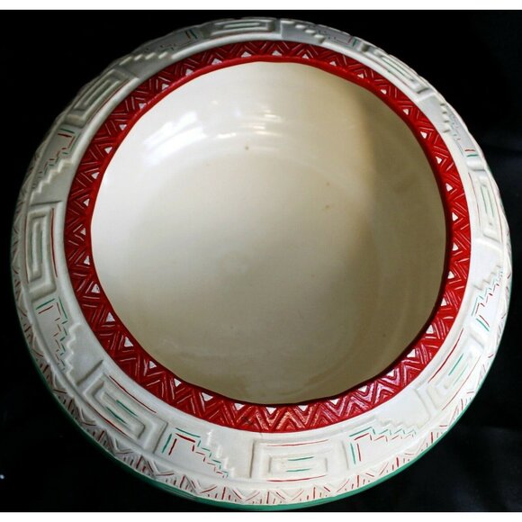Hand Painted Ceramic Bowl Vase Indian Geometric White Green Red Striped Native - Picture 6 of 9